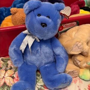 Ty Blue Plush Teddy Bear with Silver Bow